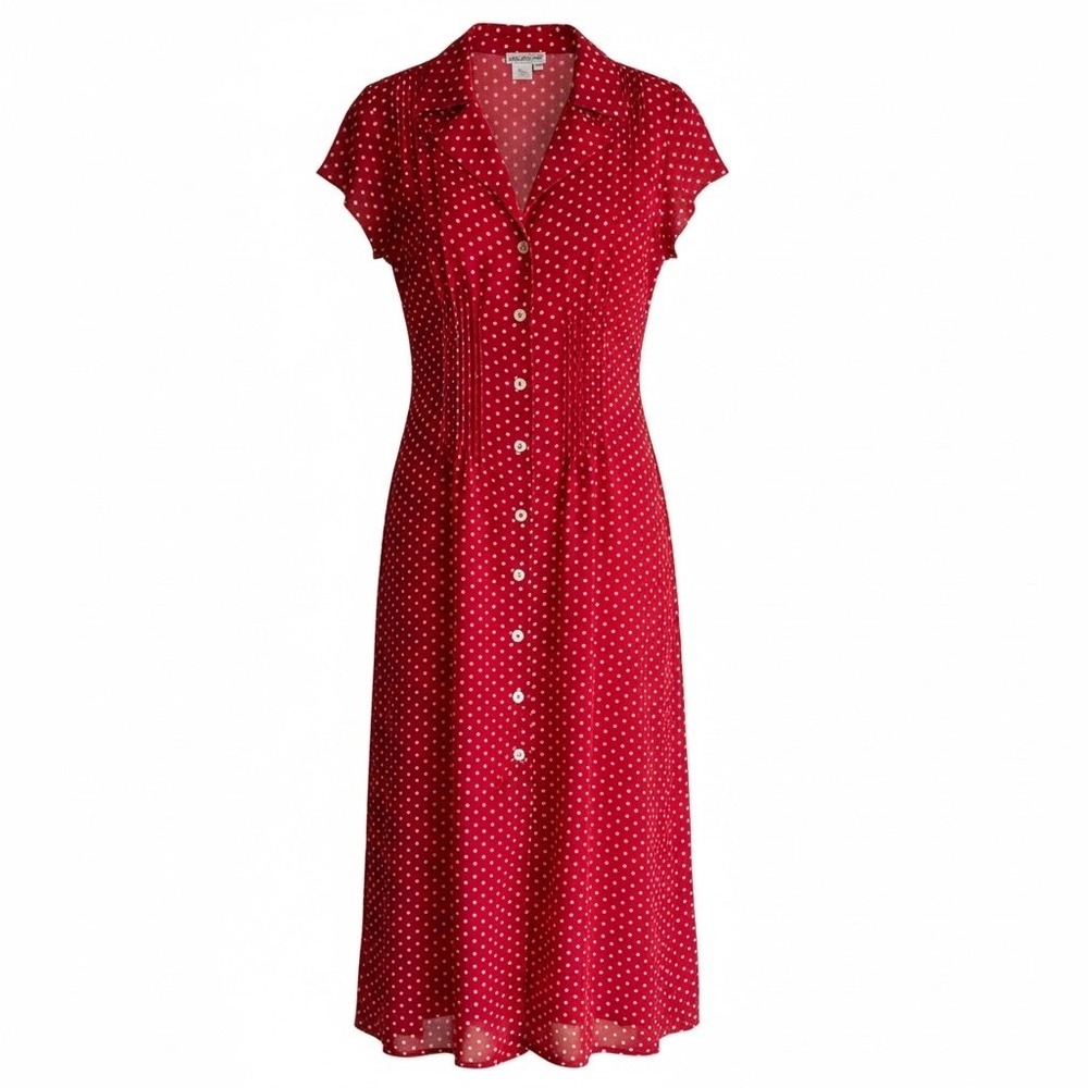 COLDWATER CREEK Red White Polka Dot Button Long Classic Ladies Dress, 10 - Picture 3 of 7
